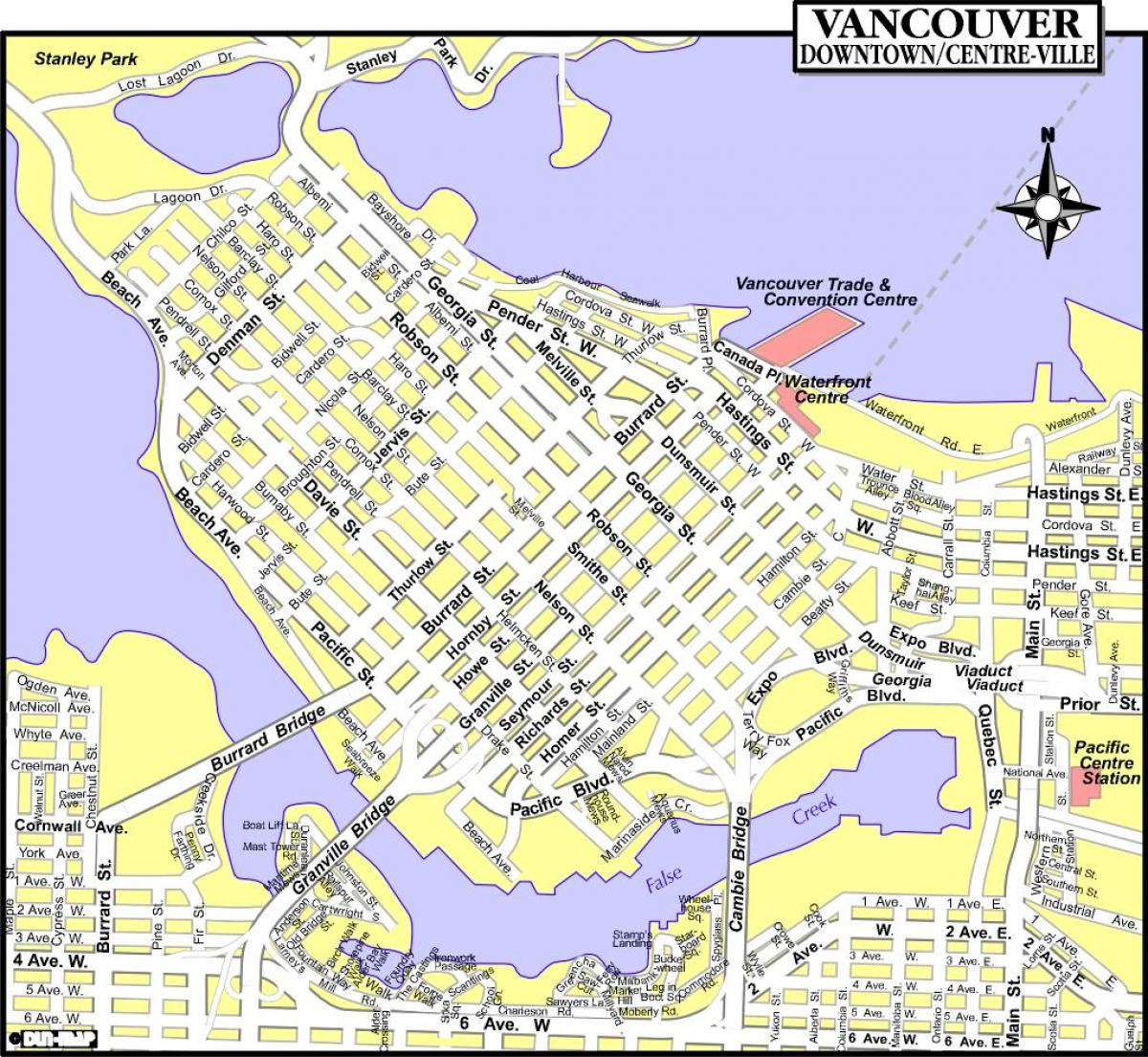 mapa del centro de la ciudad de vancouver, canadá