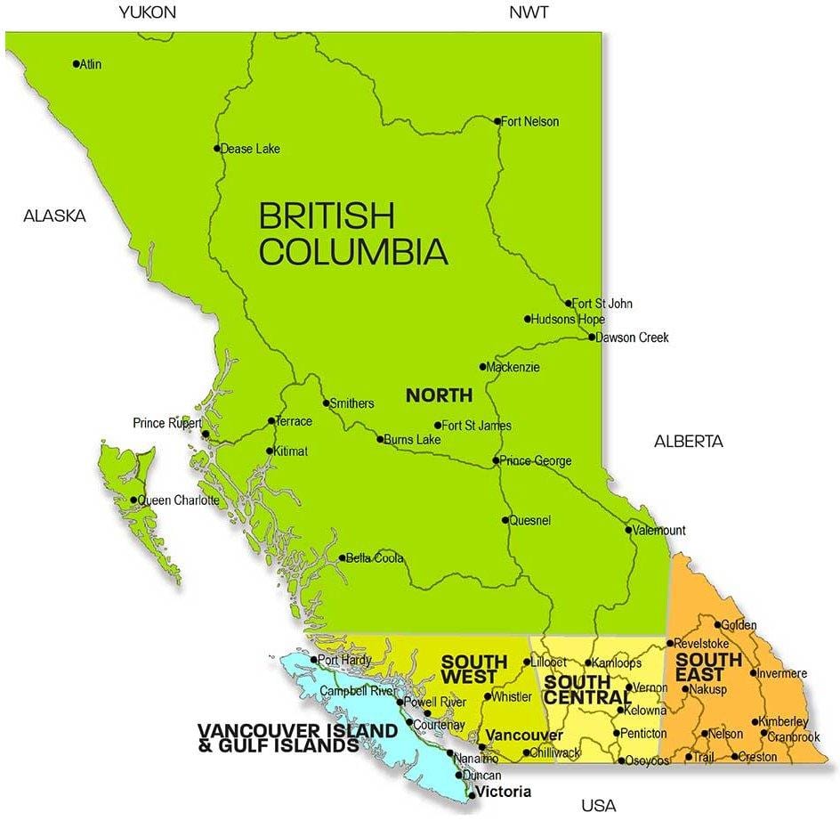 Mapa de la columbia británica regiones