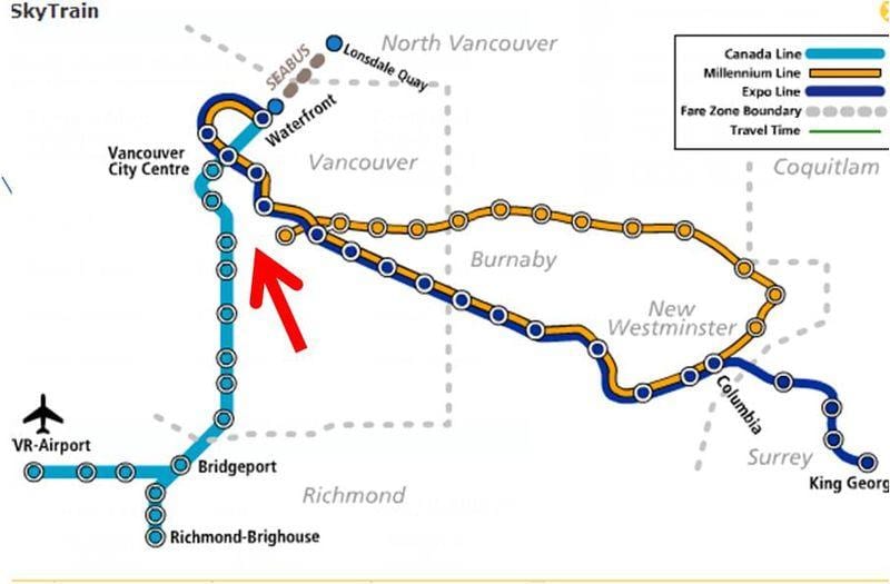 Mapa de skytrain de vancouver superposición